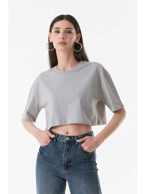 FullaModa Basic Bisiklet Yaka Oversize Crop Tişört