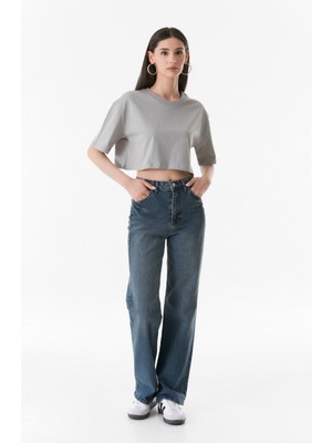 FullaModa Basic Bisiklet Yaka Oversize Crop Tişört