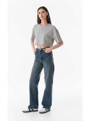 FullaModa Basic Bisiklet Yaka Oversize Crop Tişört