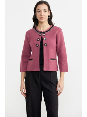 Sementa Zincir Detaylı Kalın Yünlü Triko Ceket - Gül - Siyah