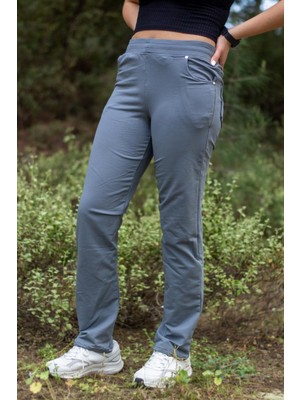 Azıcık Akıllı Kadın Açık Gri Ön Arka Cep Gizli Ipli Lastikli Rahat Pantolon Eşofman Altı 21KESAPANT