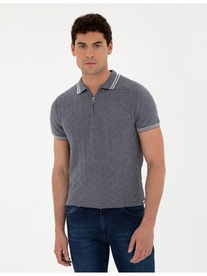 Pierre Cardin Erkek İndigo Slim Fit Fermuarlı Polo Yaka Keten Karışımlı Triko Tişört 50288151-VR028