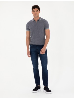 Pierre Cardin Erkek İndigo Slim Fit Fermuarlı Polo Yaka Keten Karışımlı Triko Tişört 50288151-VR028