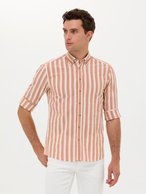Cacharel Erkek Kiremit Slim Fit Uzun Kollu Çizgili Gömlek 50265483-VR031