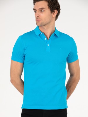 Cacharel Erkek Turkuaz Polo Yaka Slim Fit Basic Merserize T-shirt 50265364-VR093