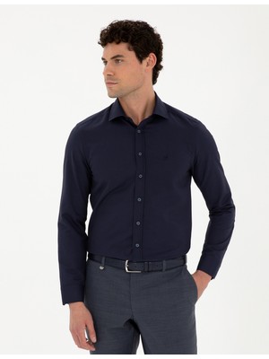 Pierre Cardin Erkek Lacivert Slim Fit Armürlü Uzun Kollu Gömlek 50289417-VR033