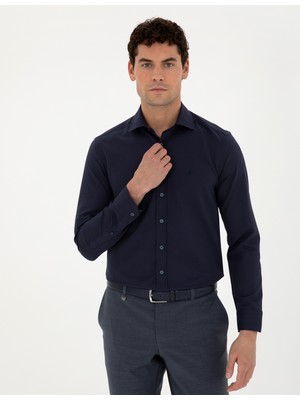 Pierre Cardin Erkek Lacivert Slim Fit Armürlü Uzun Kollu Gömlek 50289417-VR033