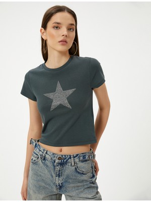 Koton Yıldız Işlemeli Tişört Kısa Kollu Bisiklet Yaka Pamuklu Slim Fit