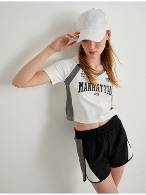 Koton Crop Polo Tişört V Yaka Kısa Kollu Slim Fit