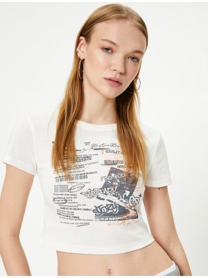 Koton Crop Baskılı Tişört Kısa Kollu Bisiklet Yaka Slim Fit Pamuklu