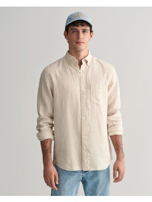 Gant Erkek Bej Regular Fit Düğmeli Yaka Kareli Keten Gömlek 3240067.277