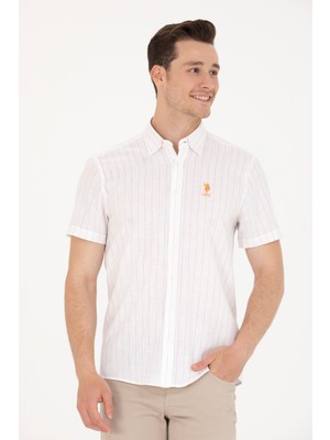U.S. Polo Assn. Erkek Kiremit Çizgili Beyaz Gömlek 50263882-VR031