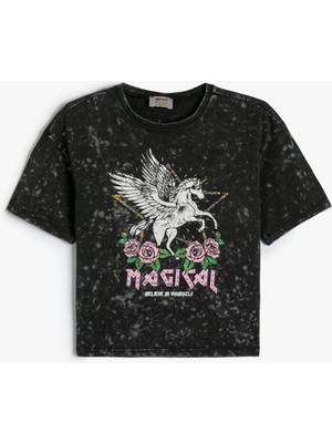 Koton Tişört Unicorn Baskılı Kısa Kollu Bisiklet Yaka Pamuklu