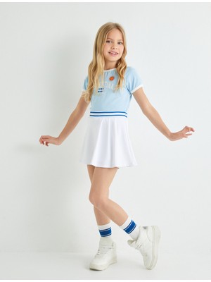 Koton Kısa Kollu Crop Tişört Kız Çocuk Mavi Bisiklet Yaka Biyeli Baskılı Stil