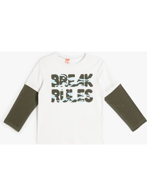 Koton Tişört Slogan Baskılı Uzun Kollu Bisiklet Yaka Pamuklu