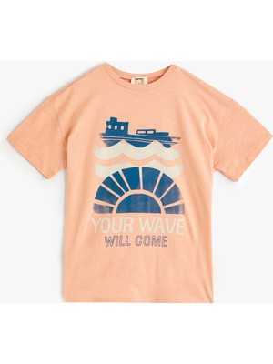 Koton Tişört Kısa Kollu Bisiklet Yaka Baskılı Detaylı