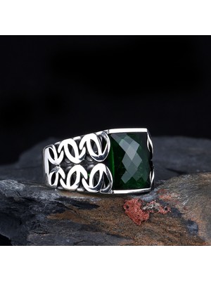 Tesbih Sepetim Yeşil Renk Zirkon Taşlı 925 Ayar Gümüş Erkek Yüzük