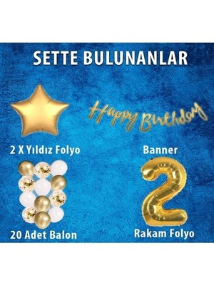 Papatya Süs Evi Gold Konsept 2 Yaş Doğum Günü Kutlama Seti; Beyaz Gold Konfetili Balon, Rakam Yıldız Folyo ve Banner