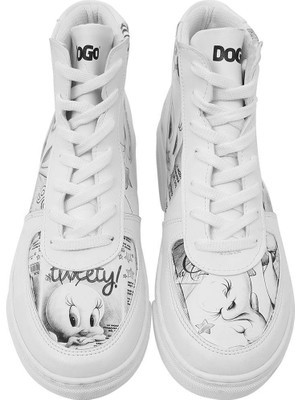 Kadın Vegan Deri Beyaz High Sneakers - Warner Bros Tweety Sketch Tasarım