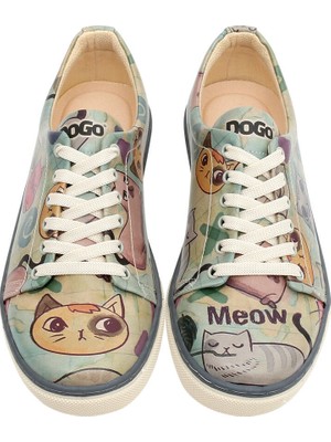 Kadın Vegan Deri Yeşil Sneakers - Cats of the World Tasarım