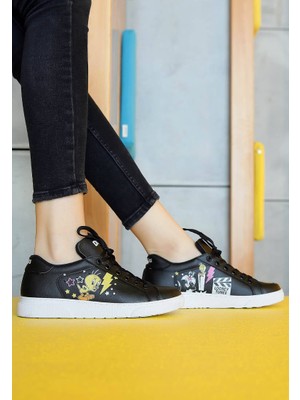 Kadın Vegan Deri Siyah Sneakers - Warner Bros Best of Tweety and Sylvester Tasarım