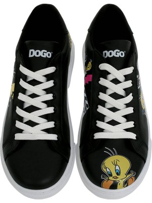 Kadın Vegan Deri Siyah Sneakers - Warner Bros Best of Tweety and Sylvester Tasarım