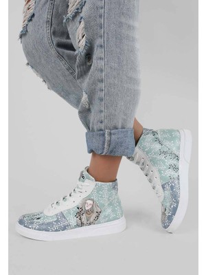 Kadın Vegan Deri Beyaz High Sneakers - I wish to be free as a bird Tasarım