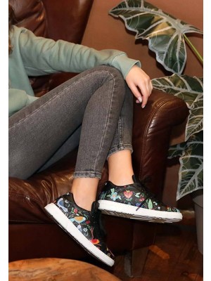 Kadın Vegan Deri Siyah Sneakers - Flowers & Birds Tasarım