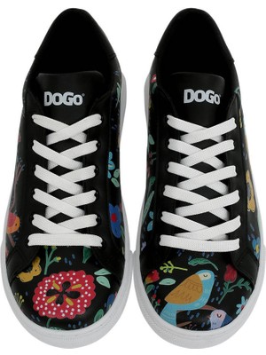 Kadın Vegan Deri Siyah Sneakers - Flowers & Birds Tasarım