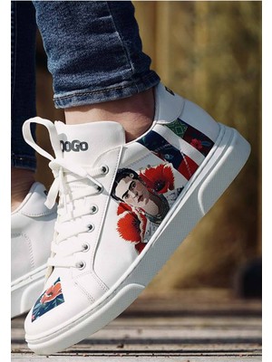 Kadın Vegan Deri Beyaz Sneakers - Viva la Vida Frida Kahlo Tasarım