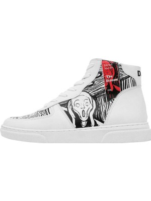 Kadın Vegan Deri Beyaz High Sneakers - Edvard Munch The Scream Muse Tasarım