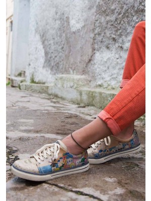 Kadın Vegan Deri Bej Sneakers - Stunning Sunset Tasarım