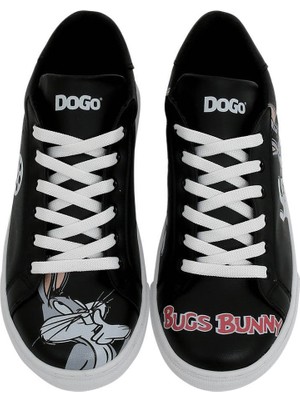 Kadın Vegan Deri Siyah Sneakers - Warner Bros What's Up Doc? Bugs Bunny Tasarım