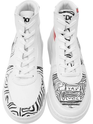 Kadın Vegan Deri Beyaz High Sneakers - Edvard Munch The Scream Muse Tasarım