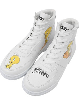 Kadın Vegan Deri Beyaz High Sneakers - Warner Bros Tweety Classic Tasarım