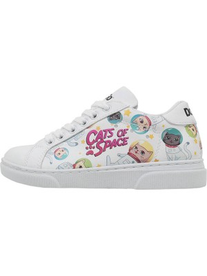 Unisex Çocuk Vegan Deri Beyaz Sneakers - Cats of Space Tasarım