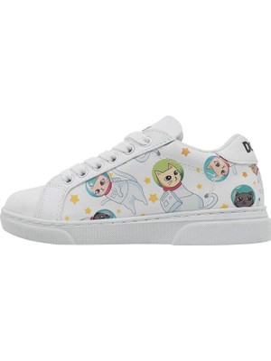 Unisex Çocuk Vegan Deri Beyaz Sneakers - Cats of Space Tasarım