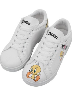 Unisex Çocuk Vegan Deri Beyaz Sneakers - Warner Bros Best of Tweety and Sylvester Tasarım