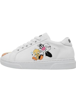 Unisex Çocuk Vegan Deri Beyaz Sneakers - Warner Bros Best of Tweety and Sylvester Tasarım