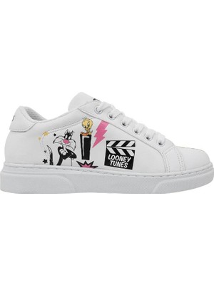 Unisex Çocuk Vegan Deri Beyaz Sneakers - Warner Bros Best of Tweety and Sylvester Tasarım