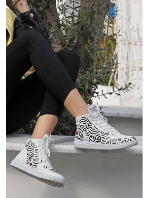 Kadın Vegan Deri Beyaz High Sneakers - Abstract Outline White Tasarım