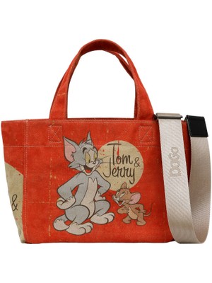 Kadın Vegan Turuncu Medium Tote Bag - Warner Bros Tom & Jerry Tasarım