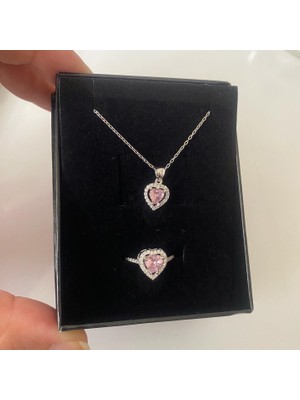 Simurg Jewellery Gümüş Pembe Taşlı Kalp Kolye ve Yüzük