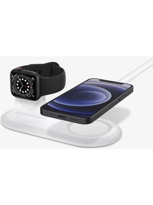 Spigen MagFit iPhone & Apple Watch için Stand Dock Şarj Ünitesi Duo 2in1 White - AMP02797