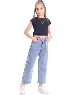 GZT Tekstil Kız Çocuk %100 Pamuk Bol Paça Zincirli Jeans Kot Pantolon (6-15 Yaş)