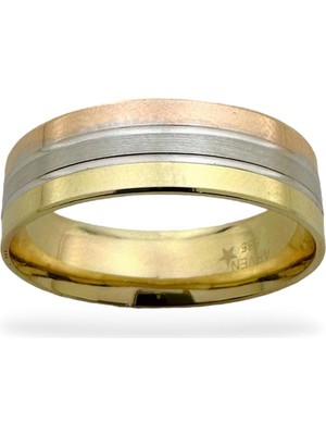 MaGold Üç Renk Içi Dolu Özel Tasarım 7 mm Taşsız 14 Ayar Altın Alyans Yüzük