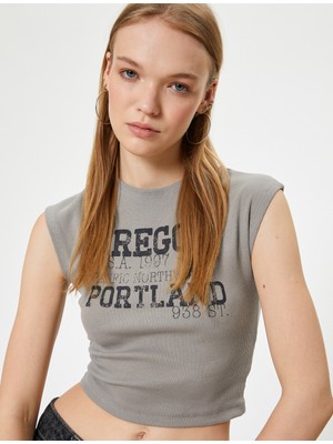 Koton Crop Tişört Kolej Baskılı Bisiklet Yaka Slim Fit Kısa Kollu Pamuklu