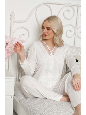 Farya Home Dreamy Premium Kutulu Dantel Işlemeli Düğmeli Uzun Kollu Pijama Takımı