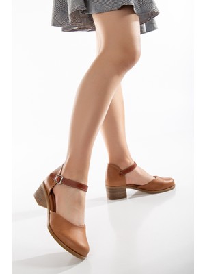 Analin Shoes Kadın  Deri Bilekten Bağlı Sandalet Kadın Deri Sandalet  Taba 41
