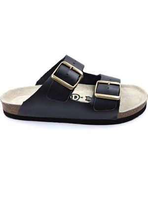 Wizard Merlin Hakiki Deri  Mantar Taban Çift Bant Siyah Erkek Terlik W05